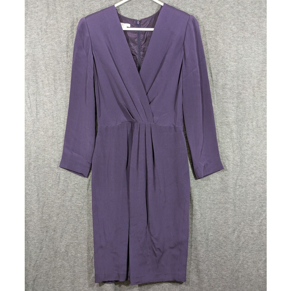 Vintage Maggy London 100% Silk Purple V-Neck Pleated Long Sleeve‎ Dress Size 6
